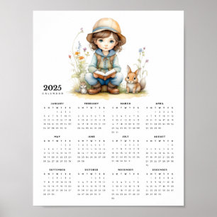 Poster Girl in Flower Garden Books Rabbits 2025 Calendrie