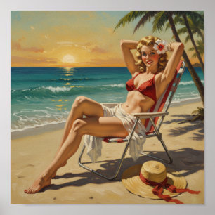 Poster Girl On the Beach Retro 'les années 50 Pin-up art
