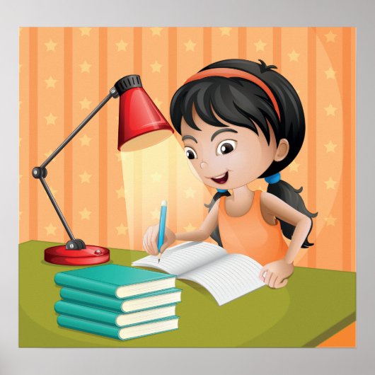 Poster Girl Studying at Desk Doing Homework (Devant)