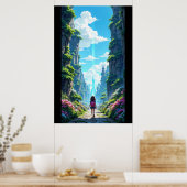 Poster Girl with backpack walking towards fantasy crystal (Cuisine)