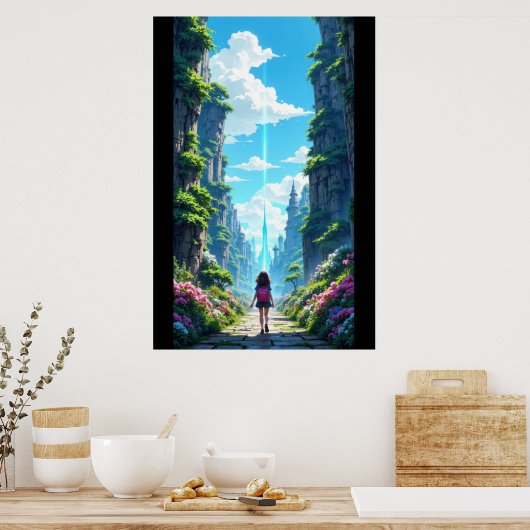 Poster Girl with backpack walking towards fantasy crystal (Cuisine)
