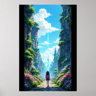 Poster Girl with backpack walking towards fantasy crystal