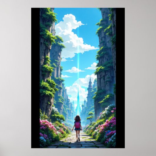 Poster Girl with backpack walking towards fantasy crystal (Devant)