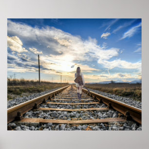 Poster Girl With Guitar on Railroad Tracks