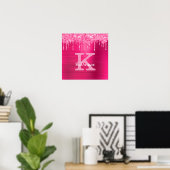 Poster Girly Hot Pink Glitter Drips Glam Monogram (Bureau à domicile)