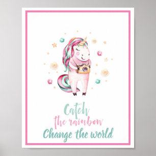Poster Girly Inspirational rose Unicorn attraper l'arc-en