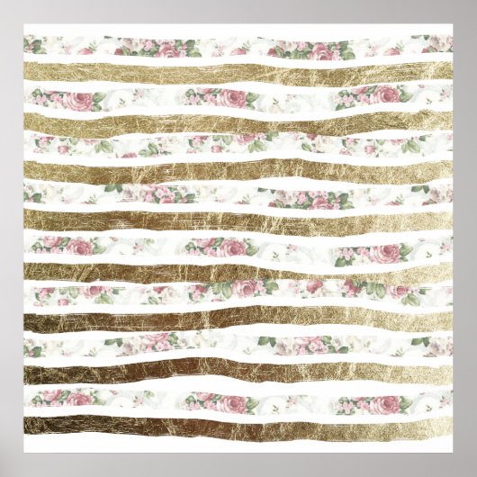 Poster Girly Pink Roses and Faux Gold Brushstrokes (Devant)