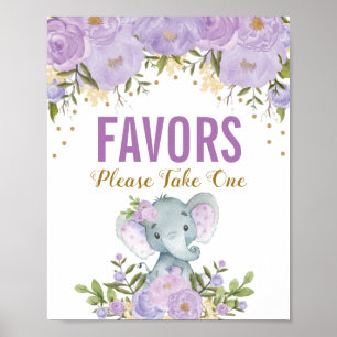 Poster Girly Purple Gold Floral Elephant Favors Sign