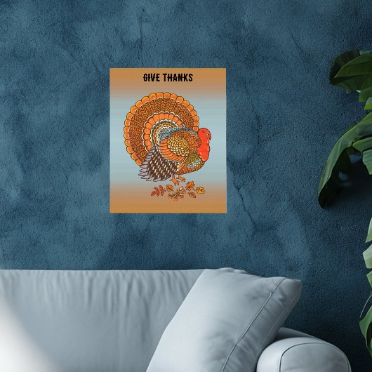 Poster Give Thanks Turkey Autimn Colours Fanned Tail Blue