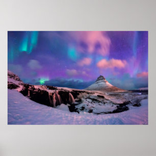 Poster Glace et neige   Lumières du Nord, montagne Kirkju