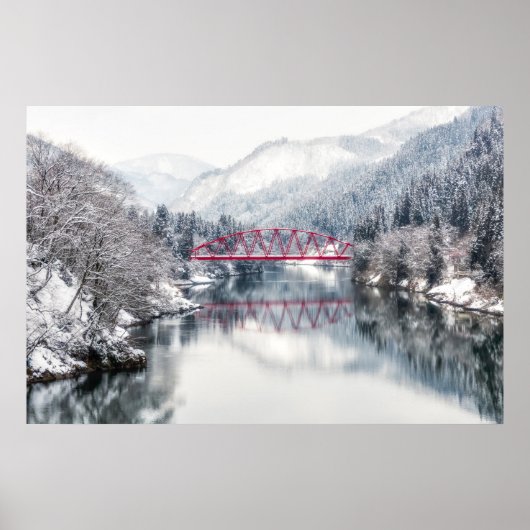Poster Glace et neige | Pont rouge en hiver, Japon (Devant)