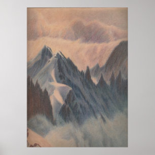Poster Glacier mystérieux vintage de montagne de dessin