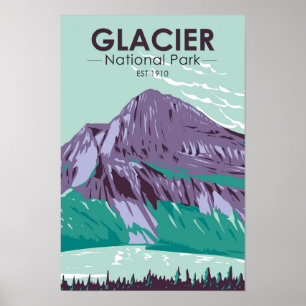 Poster Glacier National Park Montana Lac Caché Vintage
