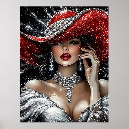 Poster Glamorous Sparkle Lady in Red Hat (Devant)