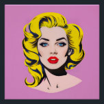 Poster Glamour pop art<br><div class="desc">Cette image représente un portrait féminin dans le style pop art caractéristique, avec un fond rose vif uniforme. Le sujet présente des cheveux jaune éclatant avec des contours noirs stylisés, créant un effet graphique saisissant. Son maquillage est dramatique, avec des lèvres d'un rouge brillant, des yeux bleus intenses soulignés de...</div>