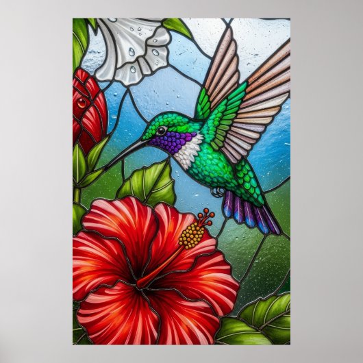 Poster Glass Patchwork Hummingbird Garden Floral Mosaic (Devant)
