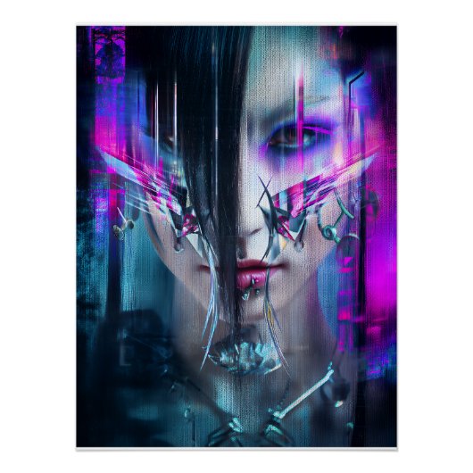 Poster Glitch Cyberpunk Face Neon Distortion Portrait (Devant)