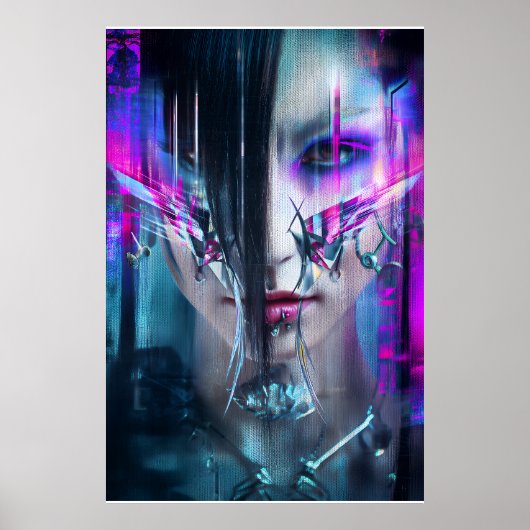 Poster Glitch Cyberpunk Face Neon Distortion Portrait (Devant)