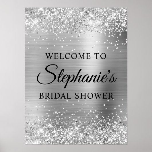 Poster Glittery Silver Faux Foil Bridal Shower Welcome (Devant)