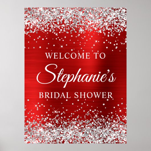 Poster Glittery Silver Red Foil Bridal Shower Welcome (Devant)