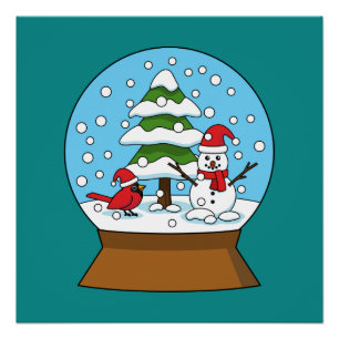 Poster Globe de neige avec le cardinal Snowman et Pine Tr