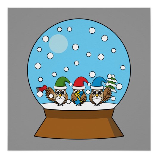 Poster Globe des neiges avec trois Chouettes Gnomes (Devant)
