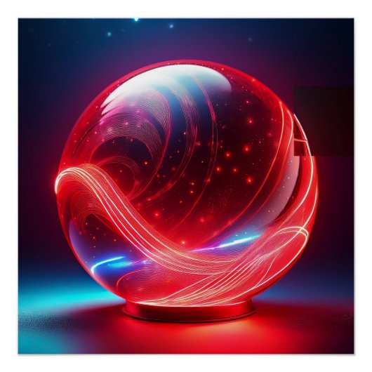 Poster Globe Rouge Réfléchissant Transparent Avec Étoiles (Devant)