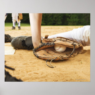Poster Glove of baseball player tagging runner out,