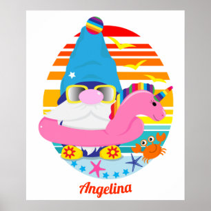 Poster Gnome de plage mignon avec gonflable licorne