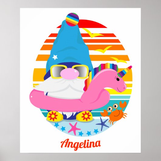 Poster Gnome de plage mignon avec matelas licorne gonflab (Devant)