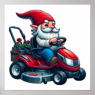 Poster Gnome sur l'équitation tondeuse de pelouse avec pa