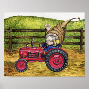 Poster Gnome sur Tractor Farm Paysage de campagne