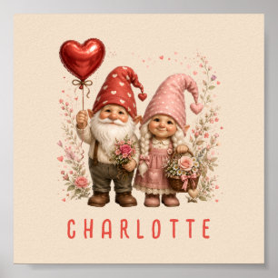 Poster Gnomes de la Saint-Valentin floraux personnalisés