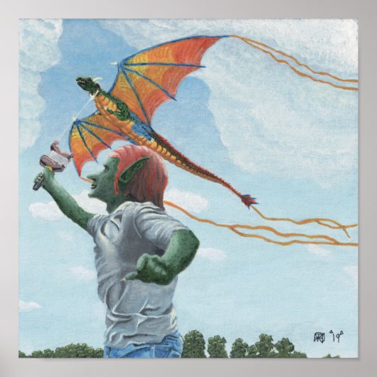 Poster Goblin Flying Dragon Kite Fantasy Wall Art (Devant)