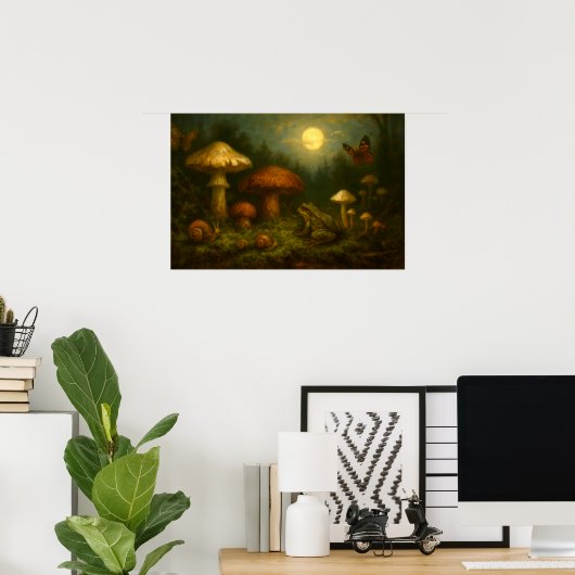 Poster Goblincore Mushrooms, Snails & Frog In Moonlight (Bureau à domicile)