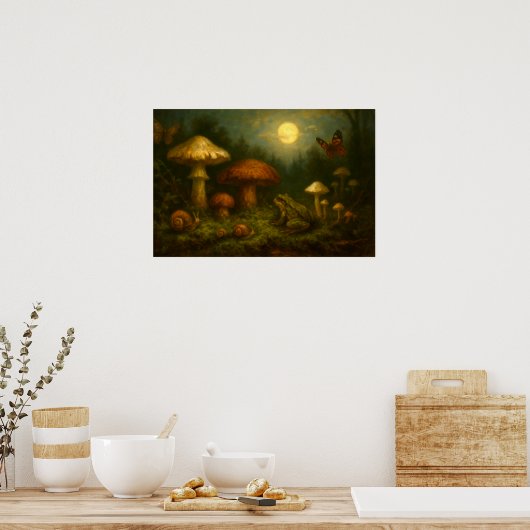 Poster Goblincore Mushrooms, Snails & Frog In Moonlight (Cuisine)