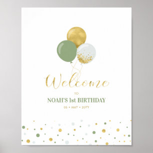 Poster Gold and Sage Balloons Boy 1st Birthday Welcome