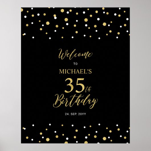 Poster Gold & Black Confetti 35e anniversaire fête Bienve (Devant)
