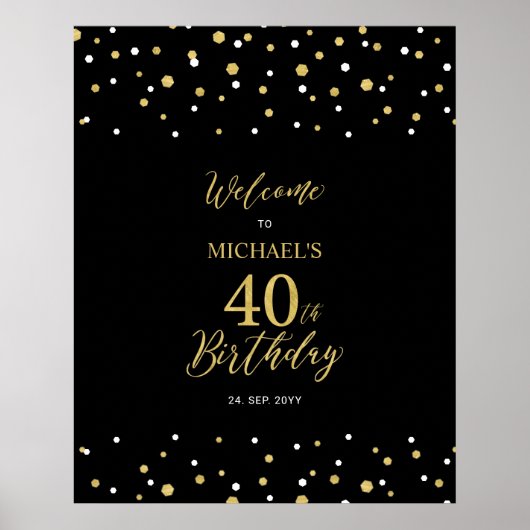 Poster Gold & Black Confetti 40e fête d'anniversaire Bien (Devant)