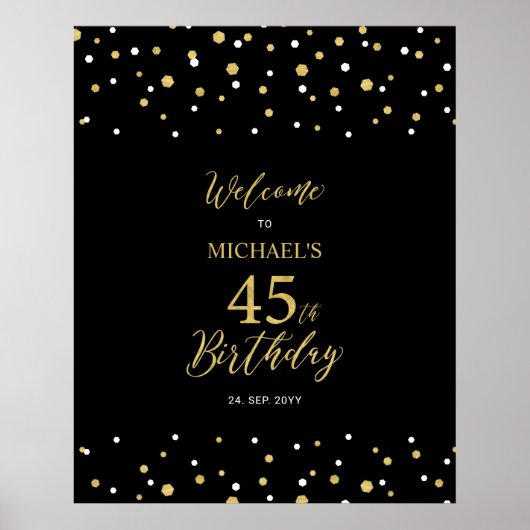 Poster Gold & Black Confetti 45e anniversaire fête Bienve (Devant)