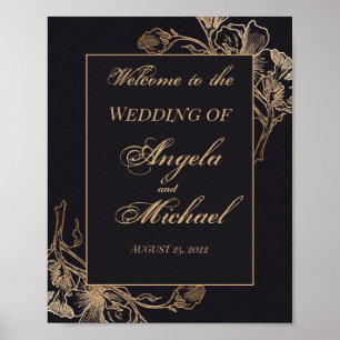 Poster Gold Black Faux Metallic Floral Design Mariage