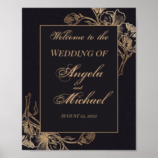 Poster Gold Black Faux Metallic Floral Design Mariage (Devant)