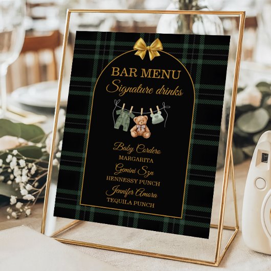 Poster Gold Bow Bear Tartan Baby Shower Bar Menu