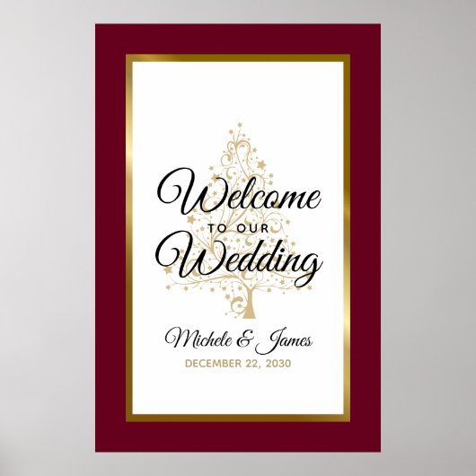 Poster Gold Burgundy Winter Holiday Mariage Bienvenue (Devant)