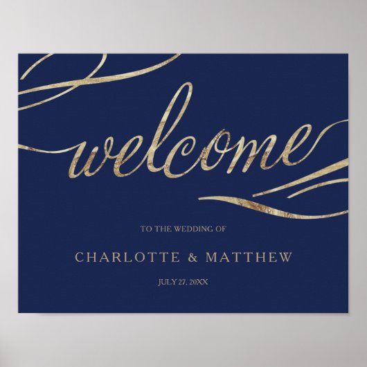 Poster Gold Calligraphy Marine Blue Welcome Mariage Poste (Devant)