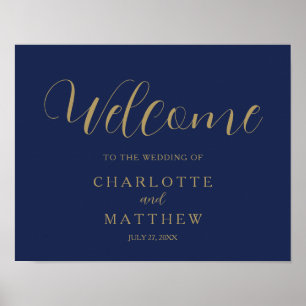 Poster Gold Calligraphy Marine Blue Welcome Mariage Poste