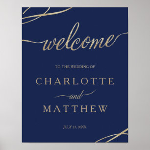 Poster Gold Calligraphy Marine Blue Welcome Mariage Poste