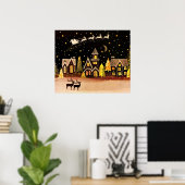 Poster Gold Christmas Village Deer Winter Night (Bureau à domicile)