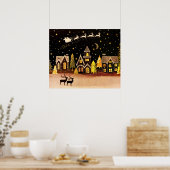 Poster Gold Christmas Village Deer Winter Night (Cuisine)