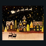 Poster Gold Christmas Village Deer Winter Night<br><div class="desc">La nuit de Noël parfaite avec des rennes,  prendre l'avion et tirer le long de Père Noël et son traîneau. Ci-dessous,  un village attend avec impatience l'arrivée de St. Nick.</div>